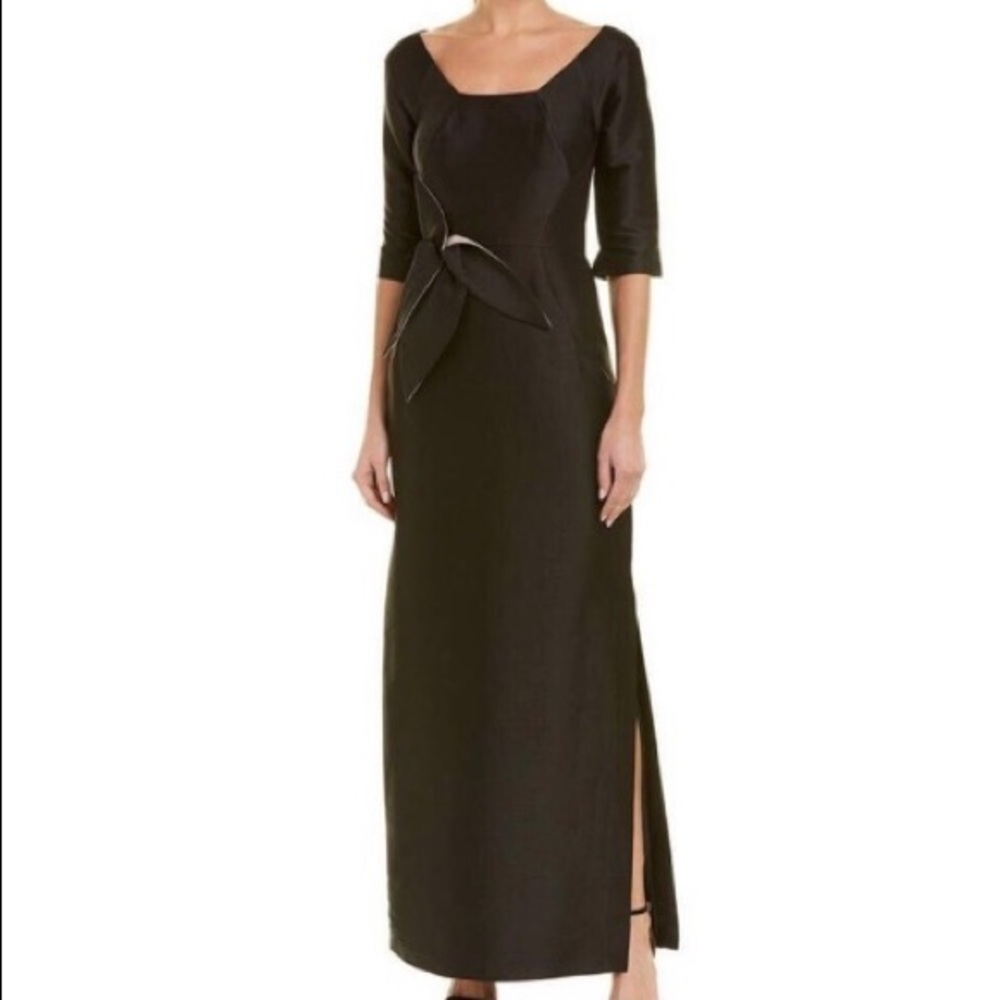 Kay Unger Black Mikado Formal Long Gown w Elbow Sleeves and Origami Bow Detail
